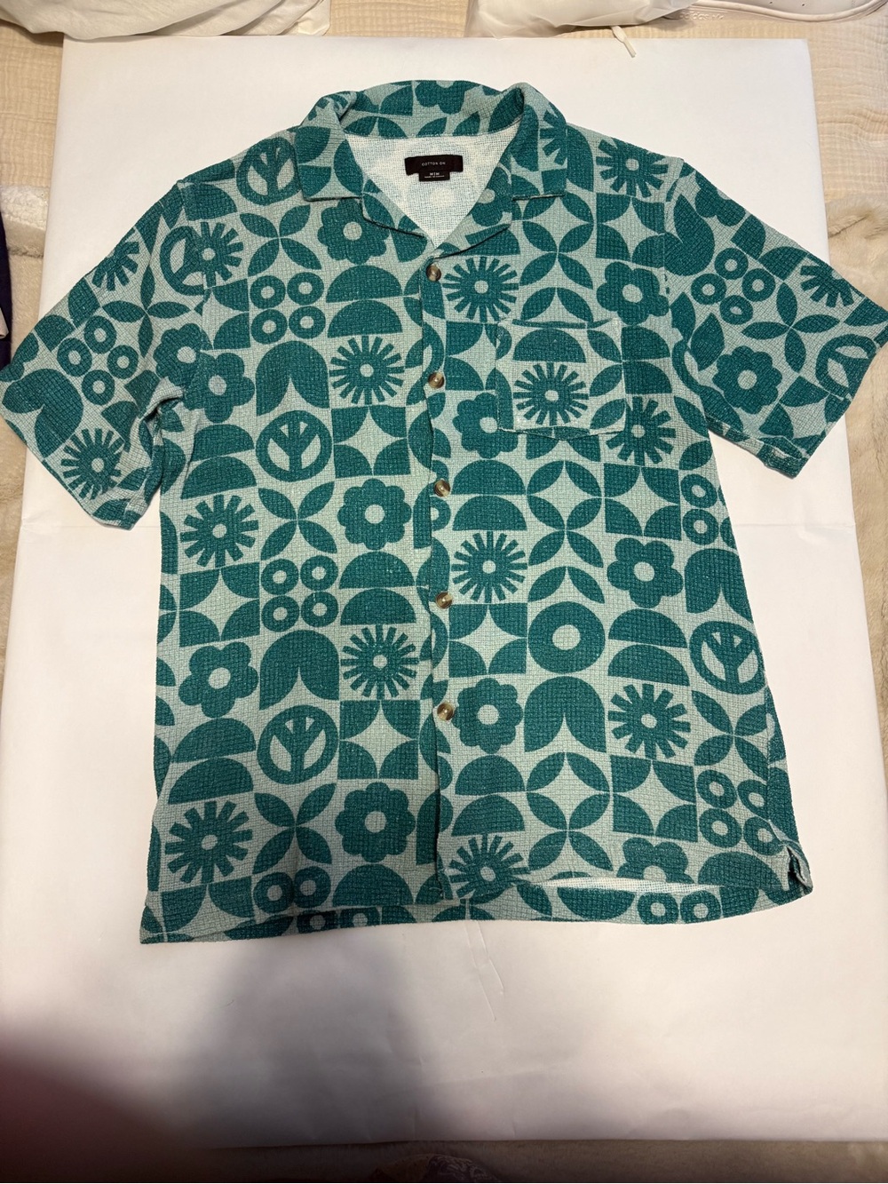 Cotton On Teal Geometric Floral Short-Sleeve Button-Down Shirt